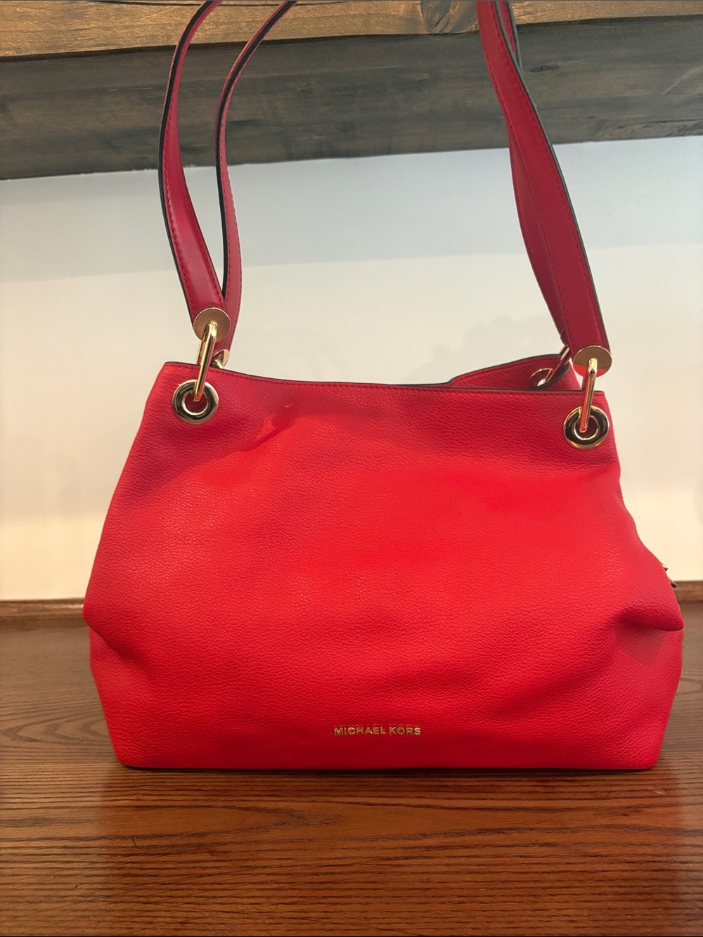 Michael Kors Red Leather Double-Handle Shoulder Bag gold hardware